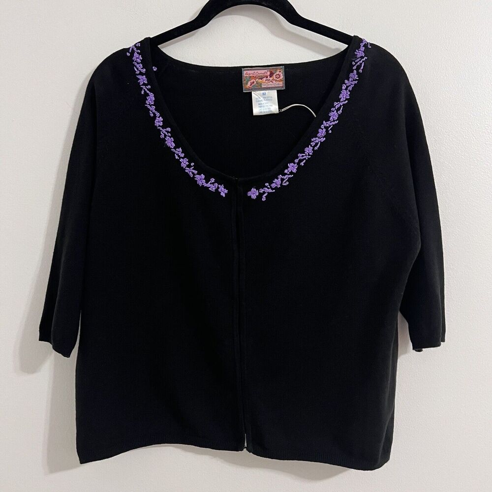 April Cornell Black Cardigan Size M Purple Embroidered Grandma core 3/4 Sleeve